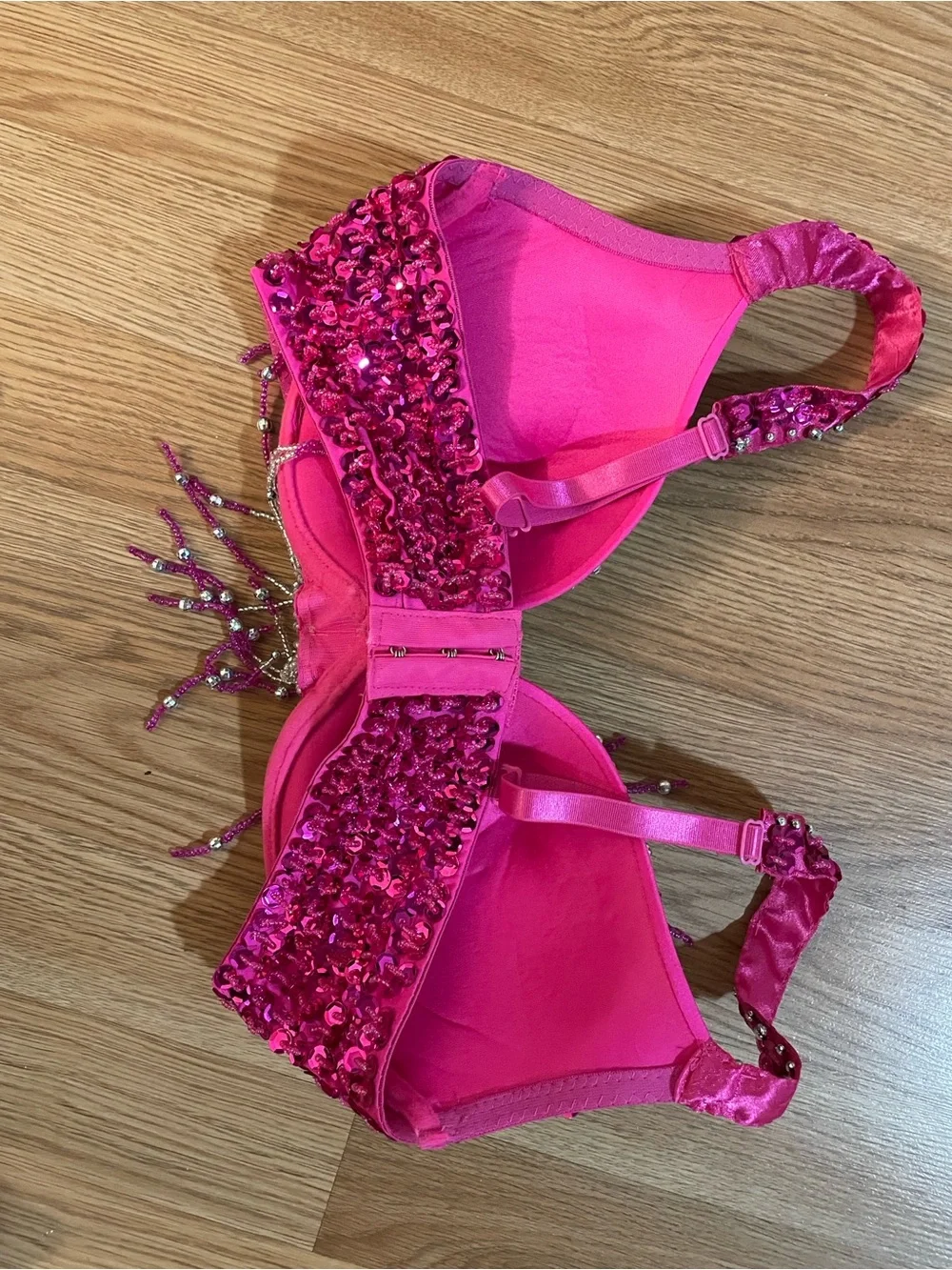 FY Kiss Hot Pink Rhinestone Beaded Fringe Belly Dance Costume Bra & Hip Belt 34D